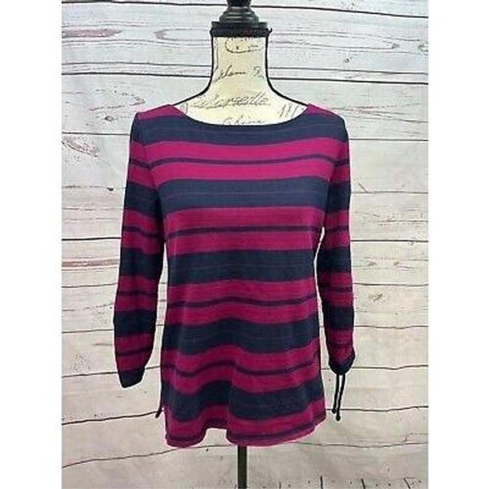 Talbots Women Striped Boat Neck 3/4 Sleeve Tie Cuff Top Size M